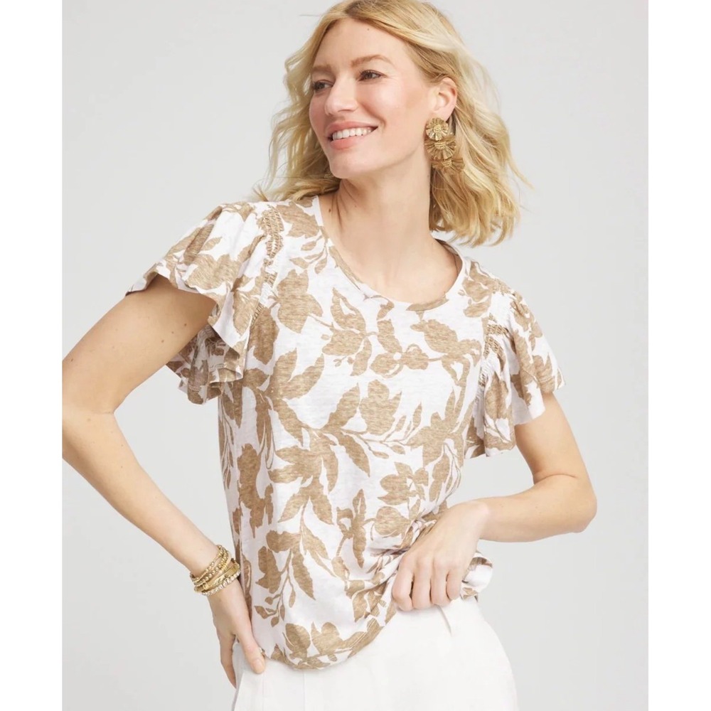 Chico's Linen Blend Floral Flutter Sleeve Neutral Boho Coastal Chic Blouse (2) L